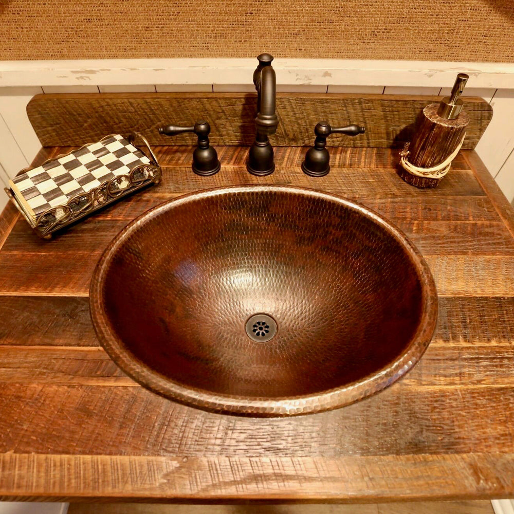 Master Bath Oval Self Rimming Hammered Copper Bathroom Sink alt 0