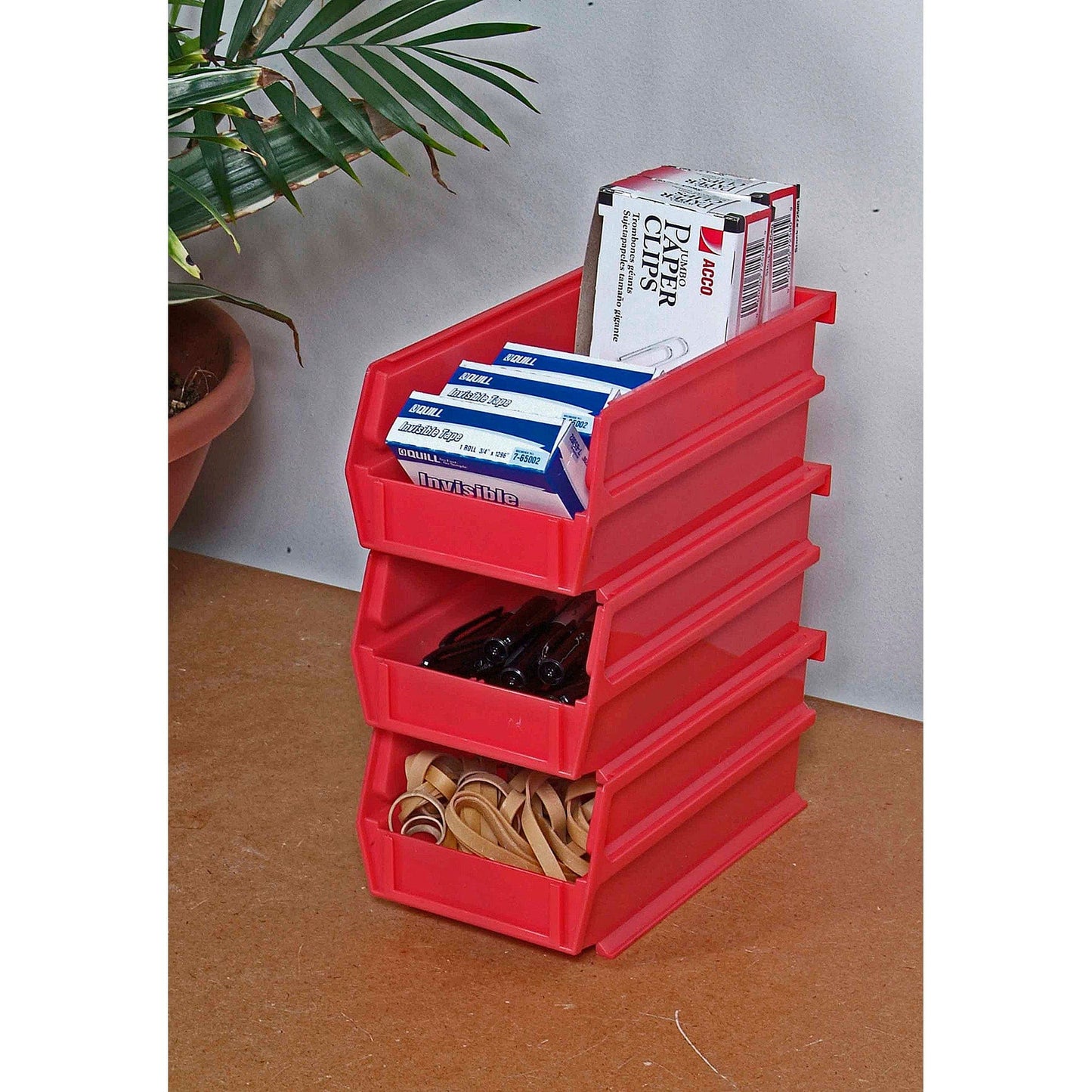 7-3/8" L x 4-1/8" W x 3" H Red Stacking, Hanging, Interlocking Polypropylene Bins, 6 CT alt 0