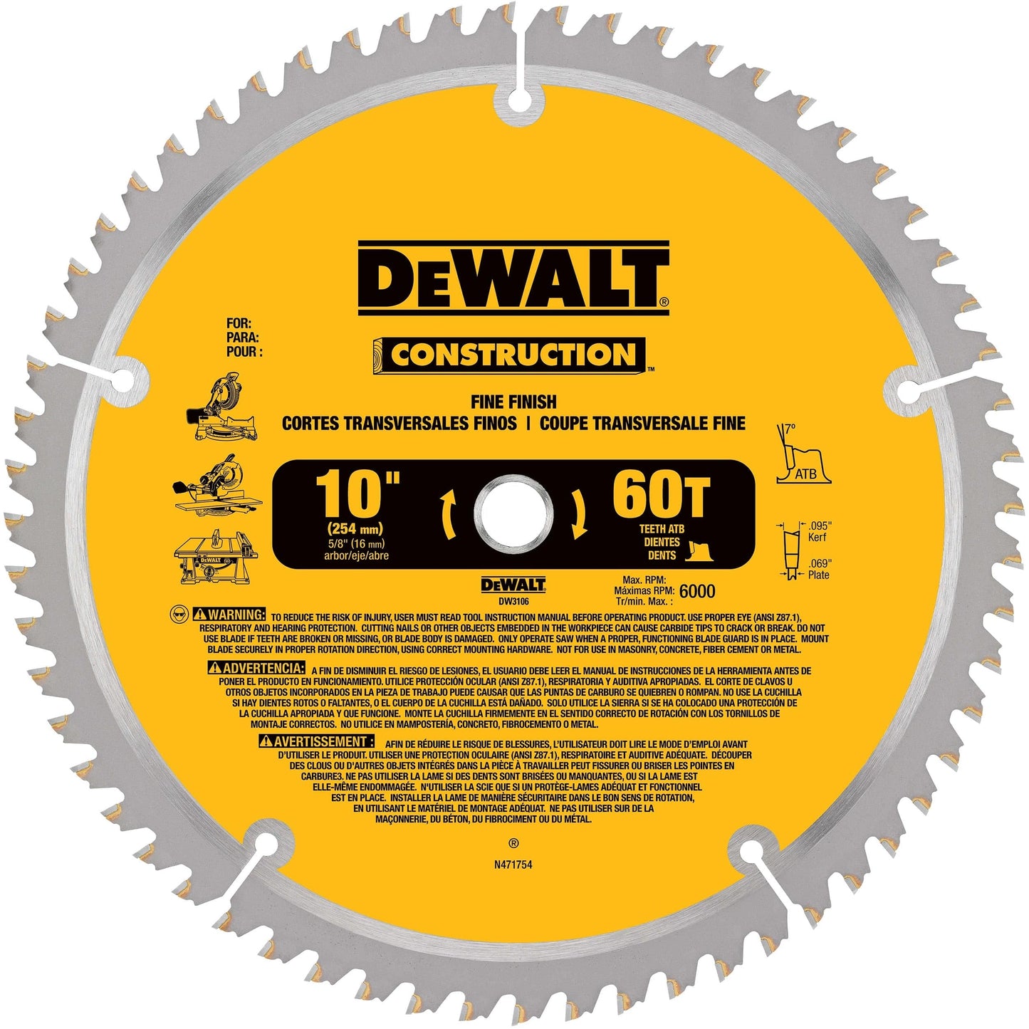 Circular Saw Blade - Construction - Fine Finish - 10" x 60 Tooth alt 0