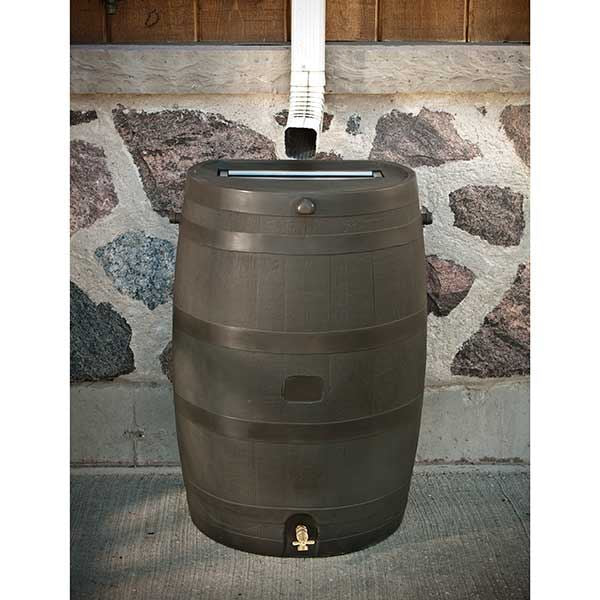 Rain Barrel with Flat Back and Brass Spigot, 50 gallon, Wood Grain alt 0