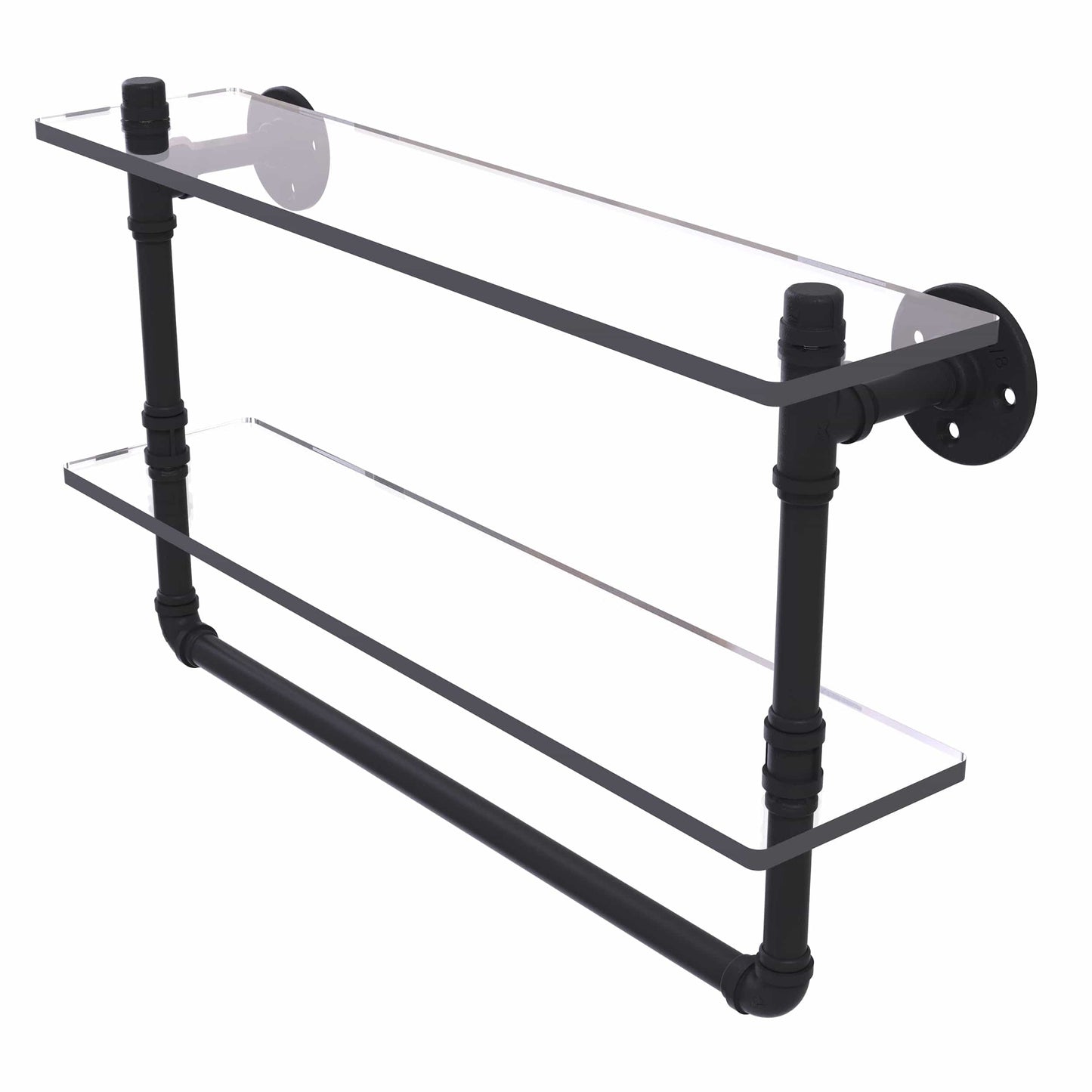  22" Double Glass Shelf with Towel Bar, Matt Black Finish alt 0