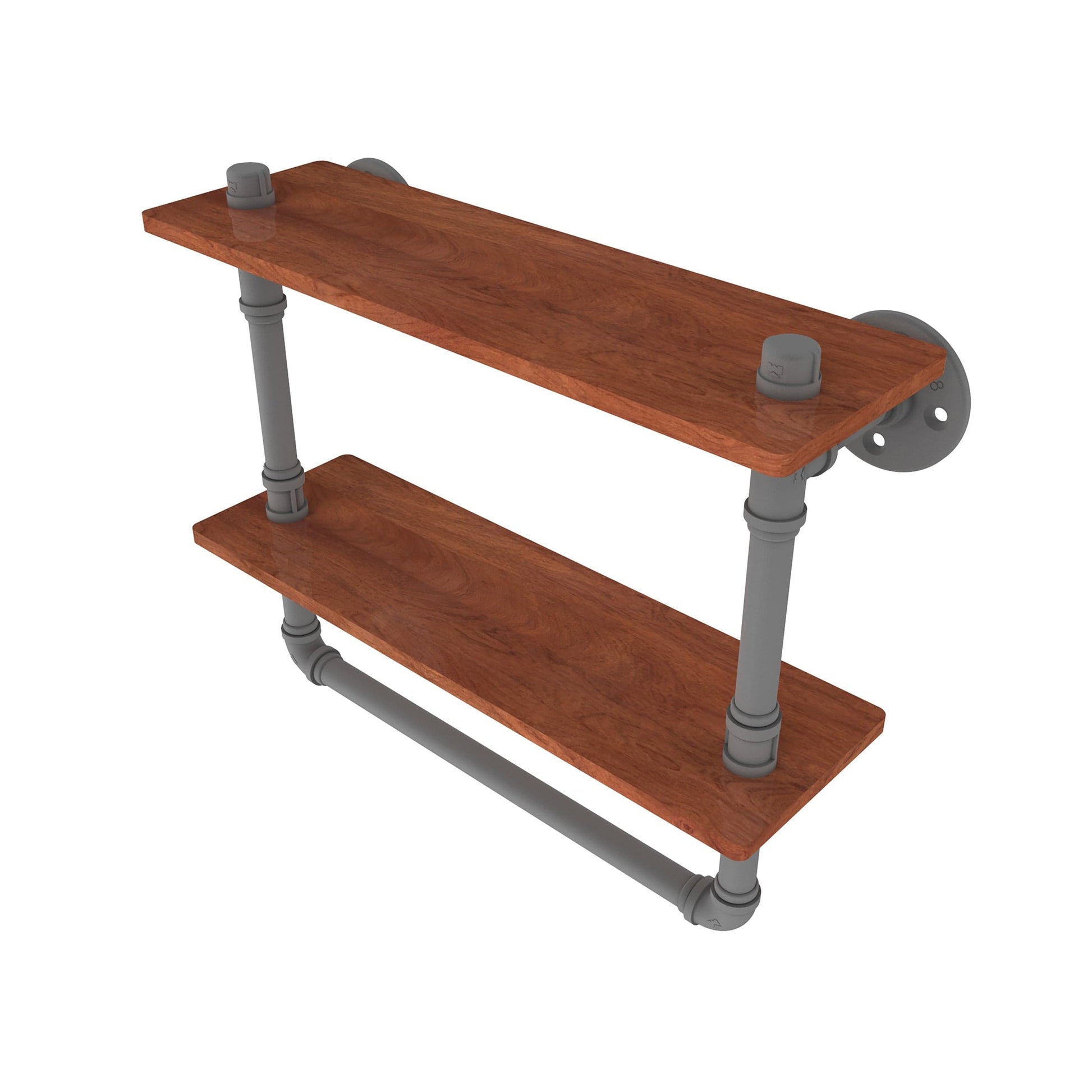  16" Double Ironwood Shelf with Towel Bar, Matt Gray Finish alt 0